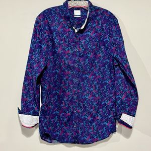 JB Holt Button Down Shirt L Blue Purple Pink Rose Dark Floral Flip Cuff Tailored
